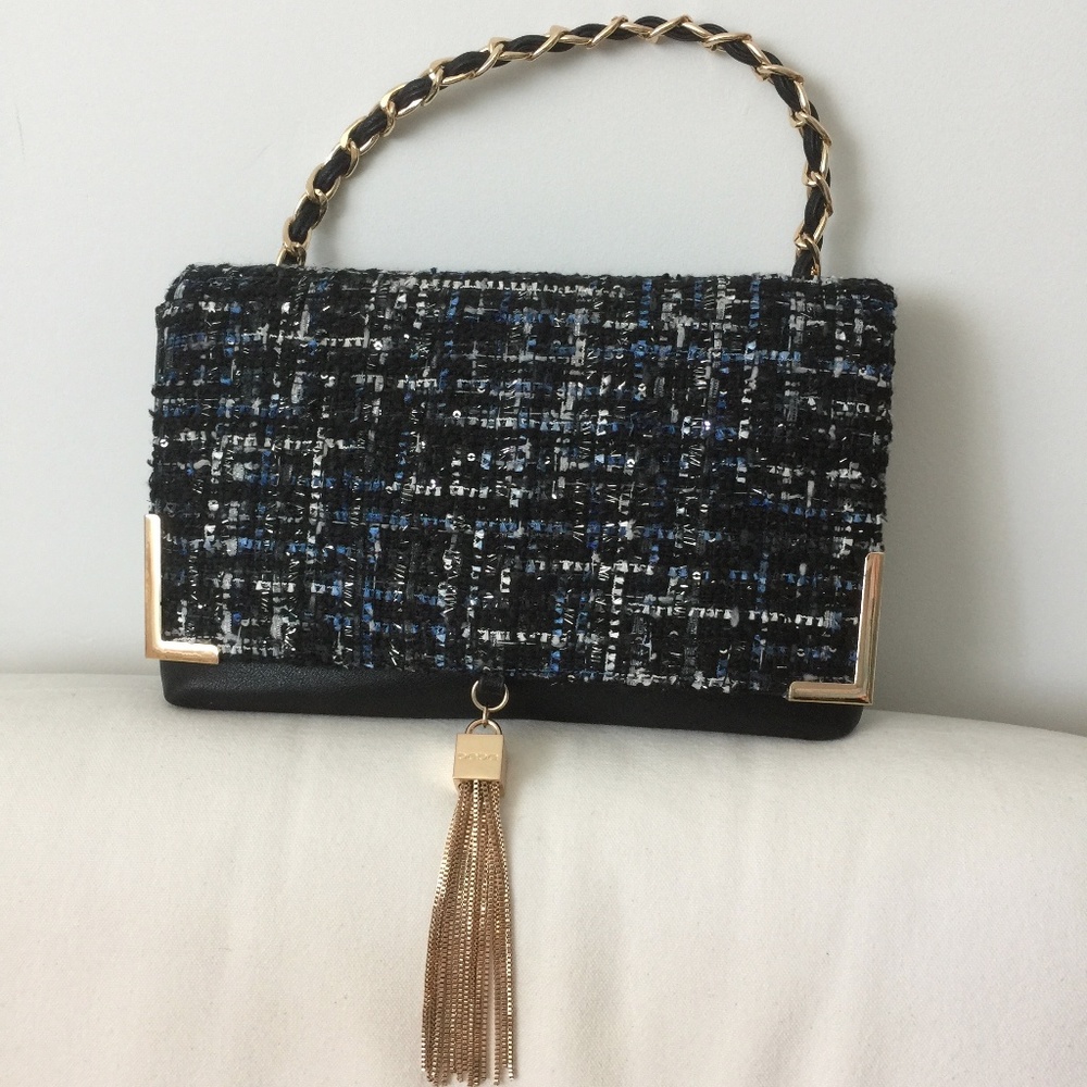 Bebe Blue and Tweed Cross body Purse with Gold